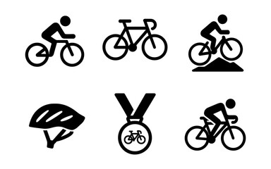Naklejka premium Cycling icons set featuring bicycles, helmet, and medal in silhouette style