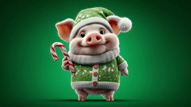 Cute cartoon pig wearing a festive christmas sweater and hat, holding a candy cane, isolated on a green background