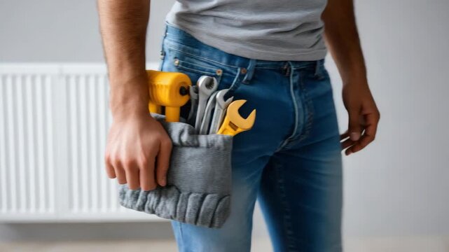 Individual prepares for home repair tasks, holding a pouch filled with essential tools like wrenches and measuring tape for easy access