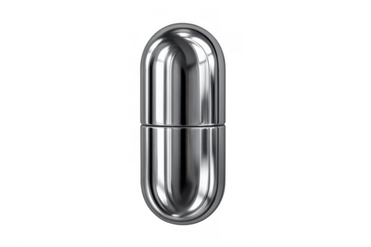 Silver metallic capsule symbolizing futuristic medicine and health science, isolated on transparent background