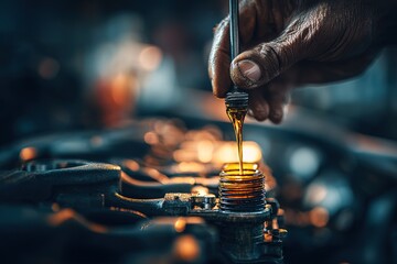 Hand pouring oil into an engine at a workshop in the evening light