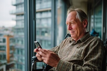 Elderly man in wheelchair enjoys using smartphone by large window in a modern building during a cloudy day