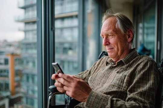 Elderly man in wheelchair enjoys using smartphone by large window in a modern building during a cloudy day