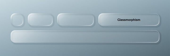 Set of liquid glass morphism blank panels in different shapes on a gray background for ui design or modern website element.