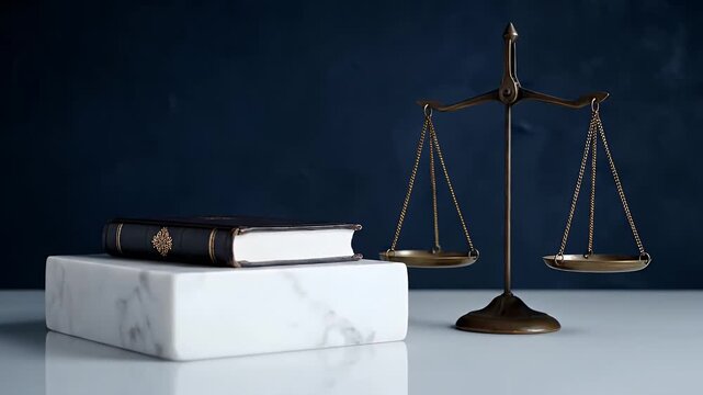 Law And Justice Still Life With Golden Scales And Black Book On White Marble Against Dark Blue Background In Elegant Studio Lighting, No People