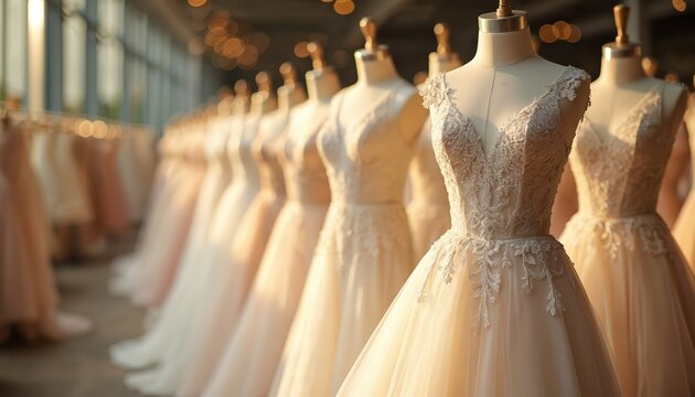 Wedding gowns on display on mannequins. Bridal wear in shop with a light aesthetic. Wedding dresses showcase romantic design, beauty and elegance for a bride. Fashion concepts for celebration.