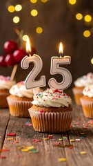 Delicious cupcakes adorned with candles spelling out the number twenty-five