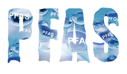 PFAS text with water drops isolated on white -- Forever Chemicals and water contamination concept