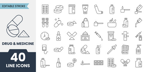 Drug and medicine line icons set with editable stroke. Icons related to medicine, medication, treatment, dose, tablet, pharmaceutical, pharma and more. Vector illustration