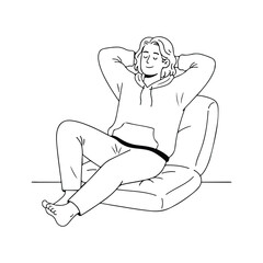 Minimal line art of a man sitting comfortably on a sofa chair with a satisfied smile