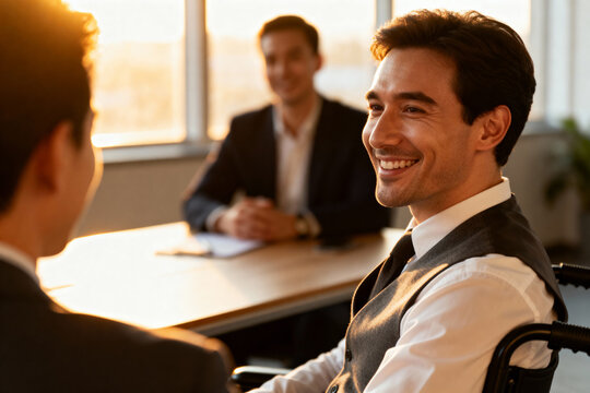 Professional business meeting: inclusive office discussion at sunset