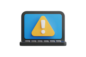 3d illustration icon of laptop with a yellow triangle warning sign on the screen . Isolated on transparent background, png