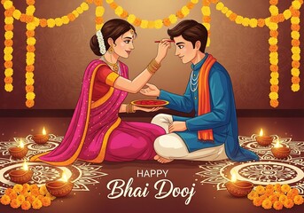 Sacred Bhai Dooj Scene Sister Performing Ritual Prayer in Front of Brother Surrounded by Bright Diyas Lotus Flowers Golden Cloth Backdrop Capturing Spiritual Light and Sibling Bond in Vibrant Colors