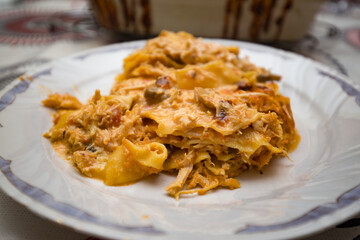 Detalhe de refeição de lasanha de atum a ser degustada. 