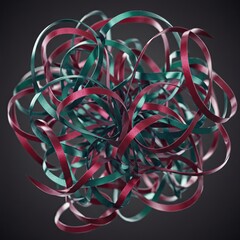 Abstract Swirls of Red and Teal Ribbons Forming a Chaotic Sphere.