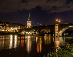 Obraz premium Nighttime cityscape showcases a historic stone bridge with arched spans reflecting in the tranquil river. Illuminated buildings and a church tower adorn the background