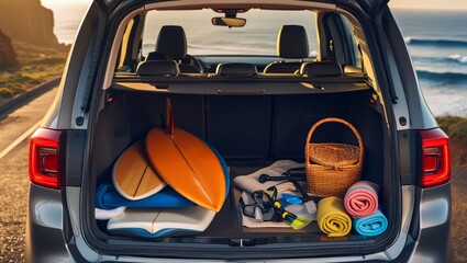 Surfboards and beach gear packed in a car s open trunk ready for a coastal adventure