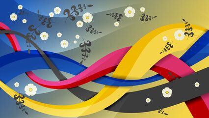 Bright colorful 3D effect art background with cute flowers and intertwined ribbons. Beautiful composition of overlapping smooth translucent shapes, wavy stripes. template for your projects. 