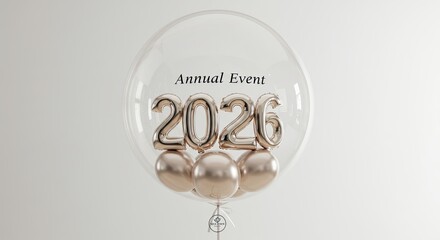 Annual Event 2026 Celebration with Elegant Gold Balloons Inside Clear Orb.