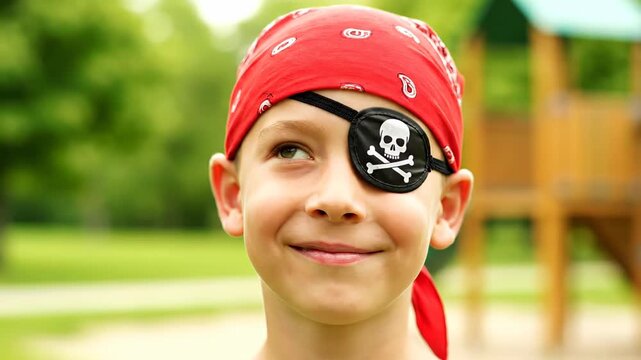 Happy little boy wearing a red bandana and a pirate eyepatch. The child is playing and having fun in a park during a sunny summer day