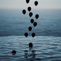 Black Balloons Floating Over Calm Water at Dusk.
