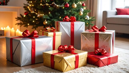 christmasgifts under a tree in a cozy livingrom