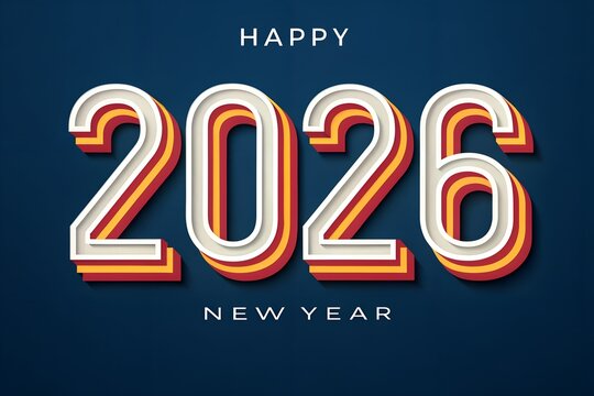 Happy new year 2026 text with retro style and 3d effect on dark blue background