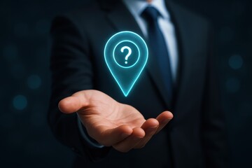 Guiding the Path: A hand cradles a glowing location icon, featuring a question mark, symbolizing guidance and direction.
