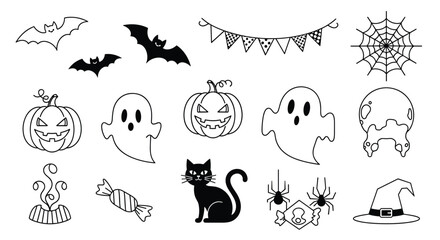 Fototapeta premium Halloween themed illustrations of various spooky objects and creatures.