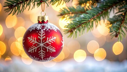 close up of a christmas bauble hanging on a tree