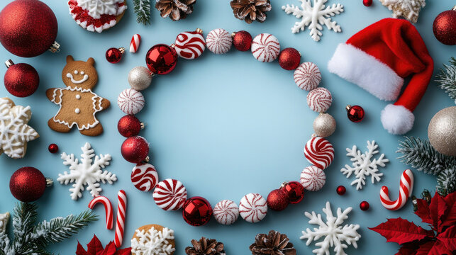 Festive Christmas wreath of gingerbread man and reindeer cookies, candy canes, red and white baubles and snowflakes on blue background, central copy space for greeting ideas