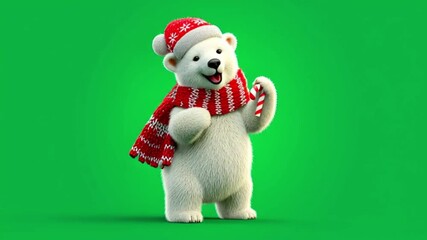 Cute cartoon polar bear wearing a santa hat and scarf, holding a candy cane, isolated on a green background, perfect for holiday promotions and winter themes - Powered by Adobe