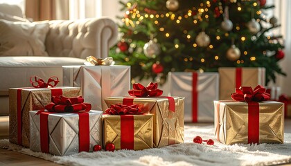 Christmas gifts under a tree in a cozy Livingroom
