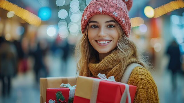 Smiling young woman wearing winter clothes holds bright yellow shopping bags while walking down a snowy city street at night during the christmas holidays, enjoying her christmas shopping spree