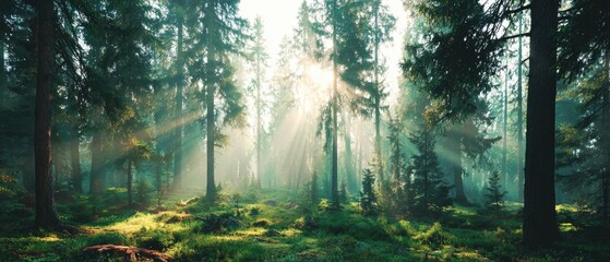 Sunlight streams through a dense forest, illuminating trees and undergrowth with misty light