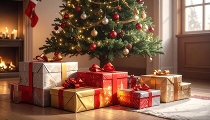 Christmas gifts under a tree in a cozy Livingroom