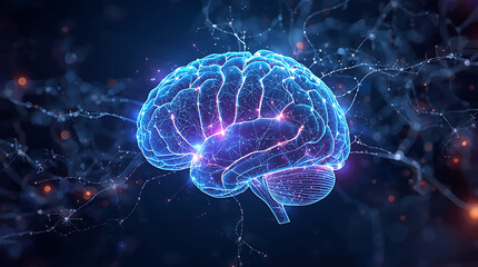 Obraz premium Abstract digital brain with glowing neural network connections.
