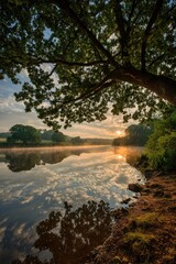 Dawn breaks over tranquil lake, with tree and clouds reflected in water