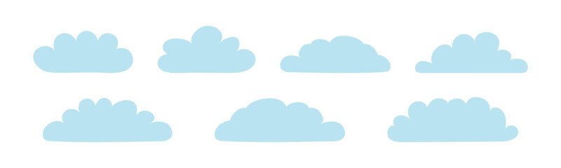 Cute little fluffy, cumulus clouds collection, isolated on transparent background. Hand drawn flat vector illustration. Celestial design element, clip art. Rain cloud, cloudy weather, overcast sky