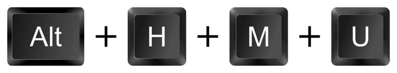 Alt + H + M + U Excel keyboard shortcut for unmerge cells command, isolated black key layout