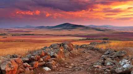 Scenic vista of a sunset over rolling hills, a stone path in the foreground