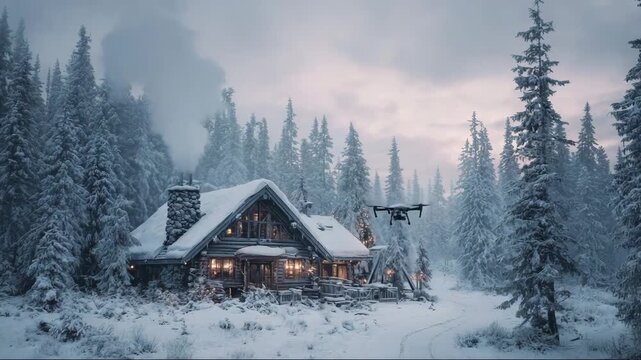 Cozy, off-grid wooden cabin in snowy landscape during winter twilight  