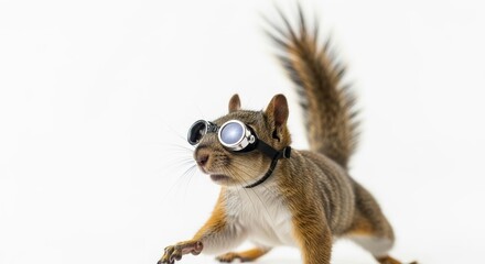 squirrel wearing goggles on it's head on a solid white background