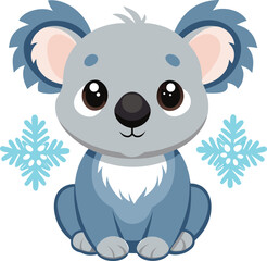 Fototapeta premium Adorable cartoon koala with big eyes surrounded by delicate blue snowflakes