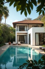Fototapeta premium Modern white villa with tiled roof sits beside blue swimming pool. Lounge chairs near water, rich green tropical plants surround property, mountains in background, clear sky.