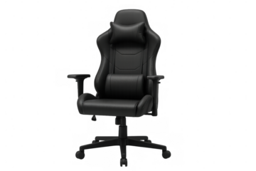 Black leather gaming chair providing comfort and ergonomic design for extended use, with adjustable features and wheels