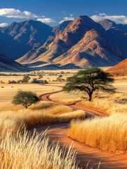 Scenic landscape of mountains, grassy plains, and a winding dirt road