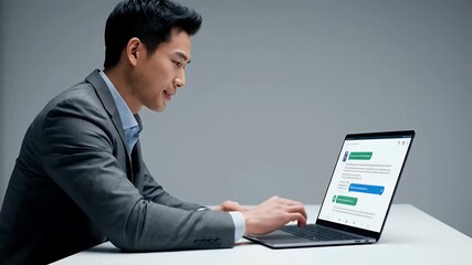 Pensive Young Man Working on Laptop in Gray Suit Against Neutral Background Under Soft Lighting for Adobe Stock Photo - Powered by Adobe