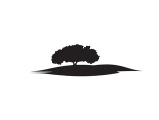 Lone tree on a scenic hill silhouette vector line art landscape