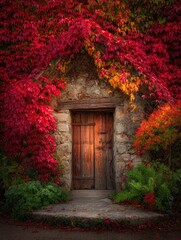 Rustic stone doorway draped in vibrant red and orange autumn foliage